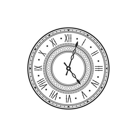 Antique mechanical clock dial isolated monochrome icon. Vector decorative watch-face, minute, hour and second arrow hands pointers, aged clockwise dial with roman numerals, ticking ornamental watchのイラスト素材