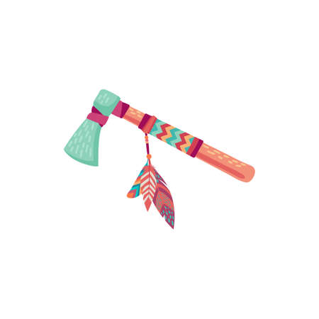 Indian ax hatchet ethnic tribal striking tool with feathers isolated flat cartoon icon. Vector...