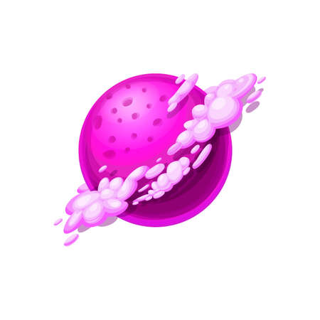 Planet of purple magma surrounded by clouds isolated far alien world cartoon icon. Vector outer space globe, atmosphere habitable planet. Tasty sphere, ui game design element, user interface objectのイラスト素材
