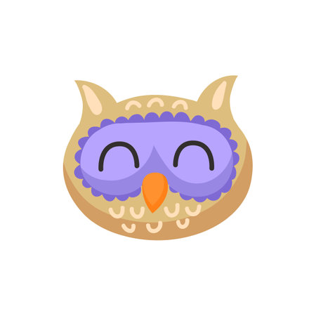 Wise owl with closed eyes isolated smart bird flat cartoon head, face mask, funny emoji emoticon. Vector sleeping owlet animal, cute howlet colorful feathered barn owl with beak, comic avatarのイラスト素材