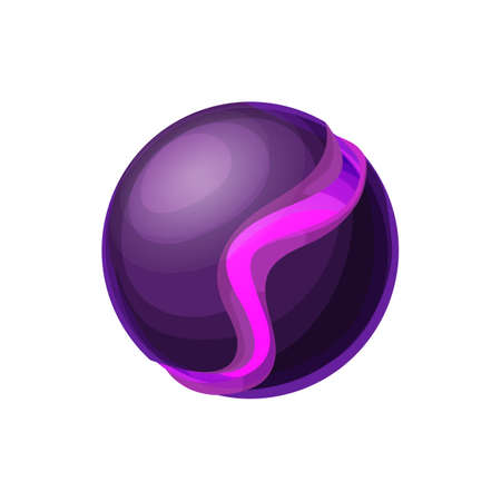 Purple cartoon alien fiction world, split magma planet. Vector outer space globe, violet atmosphere habitable planet. Outer space sphere, ui game design element interface object, glossy exoplanetのイラスト素材