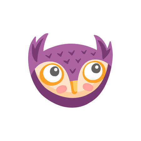 Colorful feathered barn owl, long eared eagle-owl comic avatar emoji emoticon. Vector wild forest bird of prey, wildlife mascot. Funny owlet head, wild owl wise bird animal flat cartoon face maskのイラスト素材