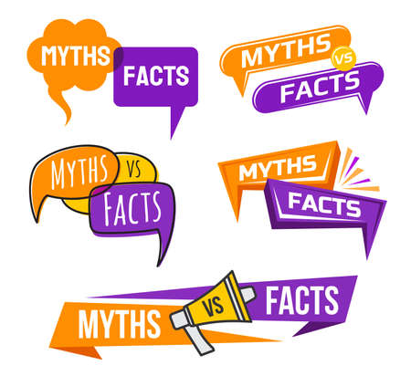 Myths vs facts icons. Truth and false badges. Fact checking, lie and propaganda proofing popup bubble or message box, fake news, social media rumors comparing with true information vector cloudsのイラスト素材
