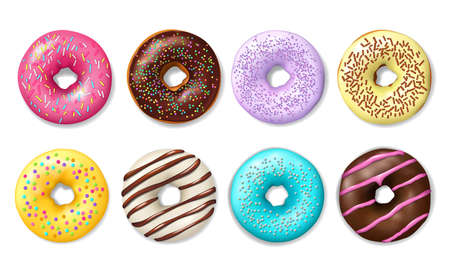 Realistic donut cake icon. Donut desserts with chocolate cream icing and sprinkles. Bakery sweet pastry food, cafe confectionery and colorful glazed donuts, 3d vector donuts with frostingのイラスト素材