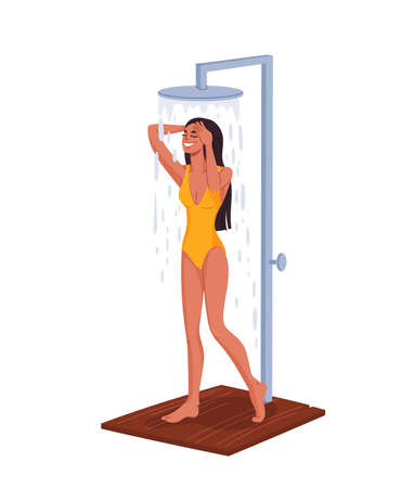 Girl washes under beach shower, summer vacations and seaside relax. Young woman under shower after sea and ocean or swimming pool, seaside resort sunbathing and summer beach relaxationのイラスト素材