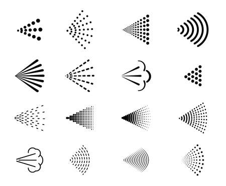 Spray icons of water air sprayer or aerosol nozzle jet, vector line symbols. Spray or sprinkle mist stream pictograms for sanitizer diffuser or atomizer, antiseptic pulverizer and deodorant sprayingのイラスト素材