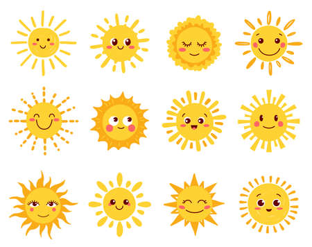Sun characters, cartoon sunny faces and cute happy summer smiles, vector icon. Sun characters or sunshine, weather, fun emoji of funny hot yellow suns with smile expression and blush shineのイラスト素材