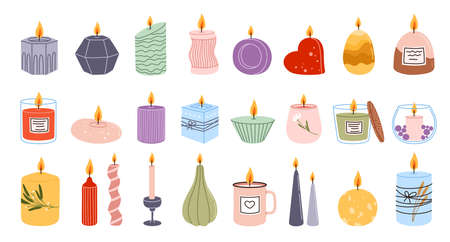 Aromatic spa and bathroom candles in glasses, jars and candlesticks with floral decor. Vector scented candlelights with flames for aromatherapy, meditation, home decoration. Aroma soy wax candles setのイラスト素材