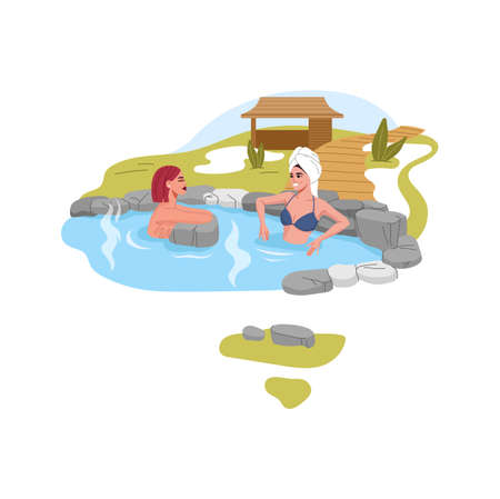 Japan onsen, women relaxing in hot spring bath or thermal pool of vector spa hotel. Japanese sauna, outdoor winter bathtub with rocks, hot water and steam. Girls in towel and swimsuit bathing at onsenのイラスト素材