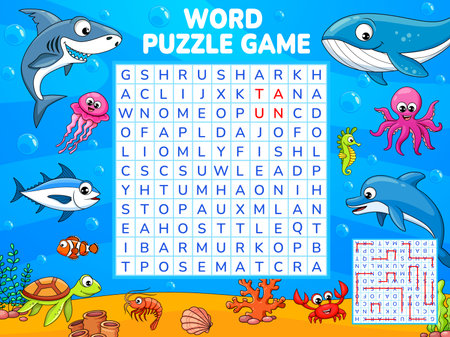 Cartoon funny underwater animals and fish word search puzzle game worksheet. Vector word maze and educational quiz of marine wildlife on blue sea background with whale, octopus, shark, crab and shrimpのイラスト素材