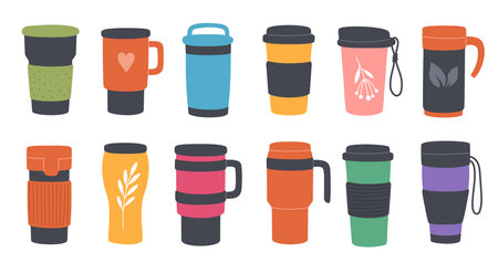 Reusable thermo mugs, tumbler, flask, travel cup, thermal flask or water bottle. Vector metal or plastic containers with vacuum lids, thermal insulating coating and handles for coffee or tea drinksのイラスト素材