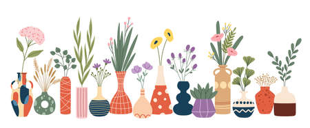 Scandinavian flower vases with bouquets of spring plants and flowers. Vector hygge vases, ceramic pots, bottles, cans and jugs with abstract pattern, dry herbs, leaves, hydrangea and begonia blossomsのイラスト素材