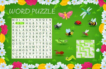 Word search puzzle game. Cartoon insect characters on summer meadow vector word game, kids educational worksheet with cute ladybug, butterfly, bee, fly and grasshopper, dragonfly, ant, mosquitoのイラスト素材