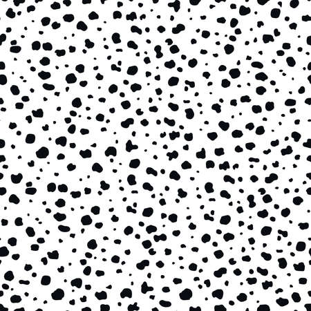 Dalmatian pattern of animal skin. Vector seamless background with dog fur print of abstract black spots on white. Monochrome dalmatian dog pattern, animal print backdrop for textile or wallpaperのイラスト素材