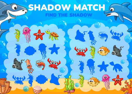 Shadow match game worksheet of cartoon funny underwater animals and fish. Vector kids puzzle game and matching riddle with task of find and connect cute crab, prawn, squid, sea turtle and jellyfishのイラスト素材