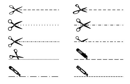 Cut line, scissors, cutter, utility knife. Vector coupon cut here dotted and dashed line borders, paper box cutout section and trim edge. Ticket, discount flyer, voucher or promo code separation marksのイラスト素材