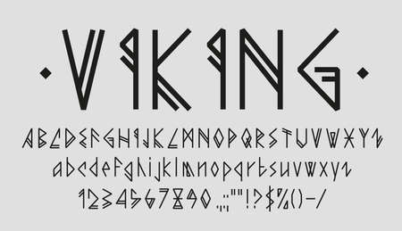Viking font alphabet letters, Nordic runes type or Scandinavian gothic typeface, vector signs. Medieval Viking warriors font or Norse German runic typography and Celtic tribal script typesetのイラスト素材