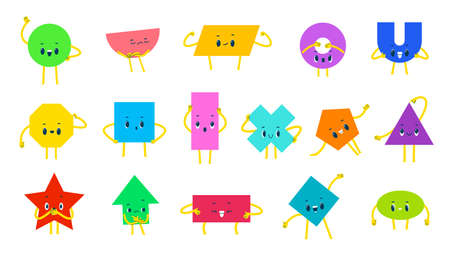 Math shape characters with funny geometric figures, vector geometry education. Cartoon triangle, square, circle and rectangle, hexagon, diamond, pentagon, star and arrow personages with cute facesのイラスト素材