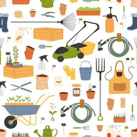 Farm and gardening tools seamless pattern. Vector background with plants and equipment of agriculture, farming and gardening. Garden gloves, boots, rake and wheelbarrow, mower, watering hose and canのイラスト素材