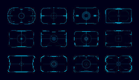 HUD aim control frames, ui or game interface. Vector futuristic digital target display or aim screen of military or space technology with neon borders, focus, crosshair. Modern aiming dashboardsのイラスト素材