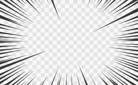 Comic manga transparent background, explosion or anime motion speed lines, vector effect. Cartoon manga movement action and radial rays on transparent background for burst flash and comic book frameのイラスト素材