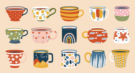Ceramic coffee cups and tea mugs. Kitchen crockery with scandinavian and flower elements. Vector tableware set of ceramic and porcelain cups or mugs, home or cafe pottery for hot drinks, beveragesのイラスト素材