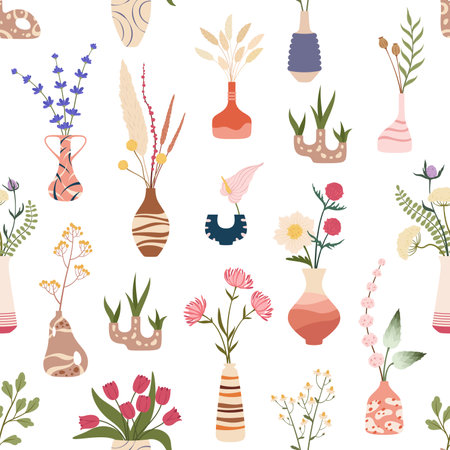Scandinavian flower vases seamless pattern of vector hygge potteries, glass pots, bottles and jugs. Floral background with bouquets of garden flowers, plants and herbs, green leaves and dry blossomのイラスト素材