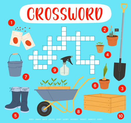 Crossword quiz grid, farm and gardening tools. Game or puzzle vector worksheet with farmer equipment. Shovel, bucket, seeds and seedling, flower pot, boots, wood box and spray, agriculture riddle gameのイラスト素材