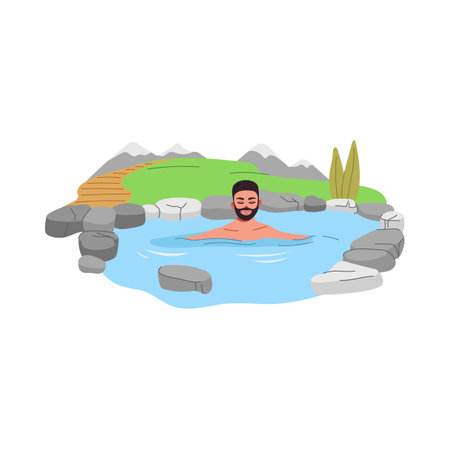 Japan onsen. Young man relaxing in hot spring bath or thermal pool with vector rocks, hot water, wood pathway and snowy mountains landscape. Japanese spa hotel or ryokan, asian recreation resort toursのイラスト素材