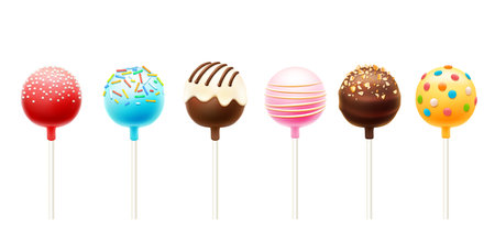 Realistic cake pops, vector chocolate dessert food in shape of lollipop candy. Isolated 3d chocolate cake balls on lollipop sticks with sweet sugar sprinkles, colorful glaze, nuts, icing and caramelのイラスト素材