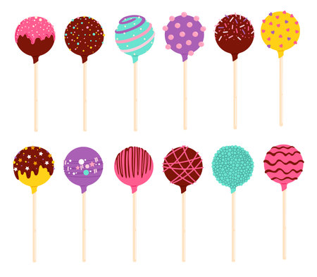 Cake pops and chocolate lollipop candies. Sweet food or pastry dessert vector balls on wood sticks. Isolated cakepops, covered with chocolate glaze, sprinkles, chopped nuts and colorful sugar pearlsのイラスト素材