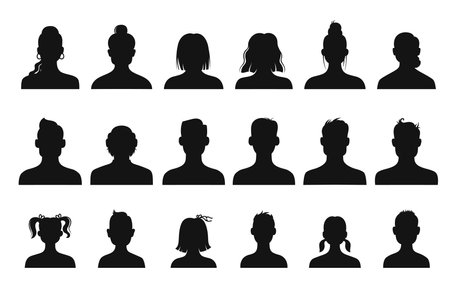 Avatar profile silhouettes of kid, people and senior. Vector anonymous portraits of male and female persons. Social media user profile avatars of man, woman, girl and boy head and shoulder silhouettesのイラスト素材