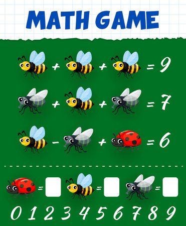 Math game of cartoon funny bee, fly and ladybug insects. Counting puzzle quiz vector worksheet with funny bugs and pest insect characters. Kids educational game with addition and subtraction exercisesのイラスト素材