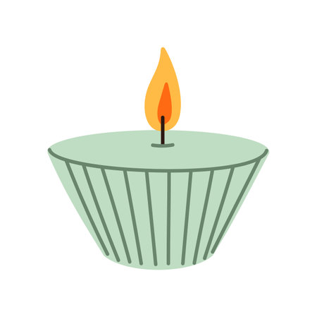 Bath scented wax candle with burning lid isolated bathroom aromatic relaxation accessory. Vector meditation or religion candle, bath decoration objectのイラスト素材