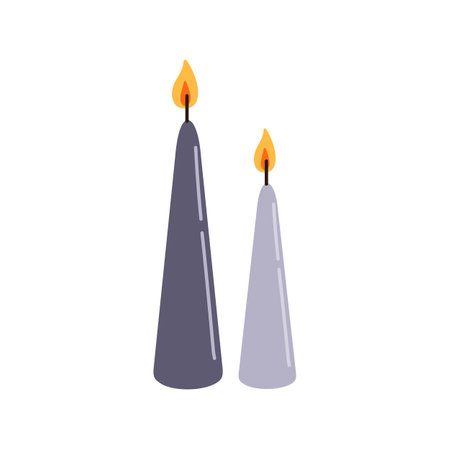 Spa decorative bathroom candles, meditation and spa accessories. Vector candlesticks with glowing fire, aromatherapy and massage, bath decorationのイラスト素材
