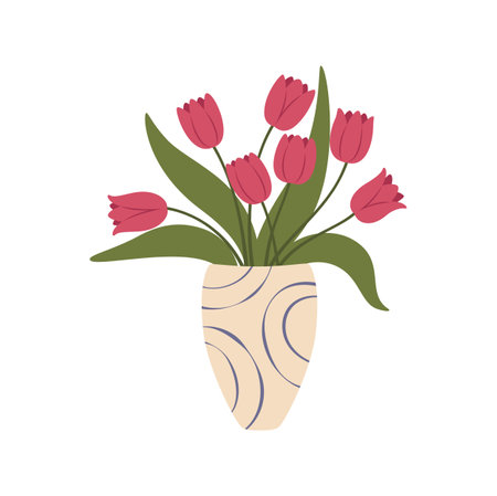 Tulips in scandinavian vase, cartoon interior flowers in jug. Vector pink color tulip elegant bouquet, flat decorative element, bunch of spring flowersのイラスト素材