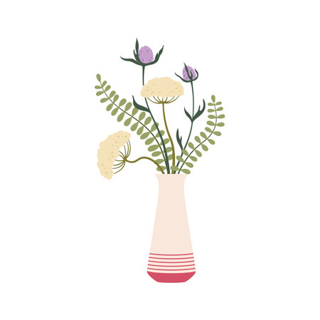 Spring flower in vase, cartoon floral bouquet interior decoration. Vector summer field flowers in scandinavian vase, green fern leaves in colorful jugのイラスト素材
