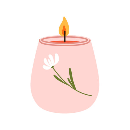 Scented bathroom aromatic candle with daisy flower print, decorative design element. Hand drawn vector burning pink candle for spa and relaxのイラスト素材