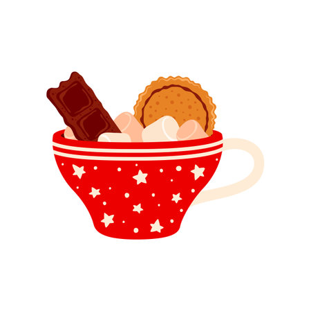 Christmas cup with marshmallow, cookies, chocolate, Xmas holiday drink in cartoon design. Vector kitchen crockery, sweet warm coffee drinkのイラスト素材