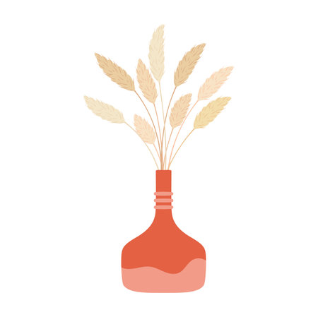 Ears of wheat in glass scandinavian pottery vase, interior decoration. Vector cartoon flower bouquet of spikes in glass jug, fresh field flowersのイラスト素材