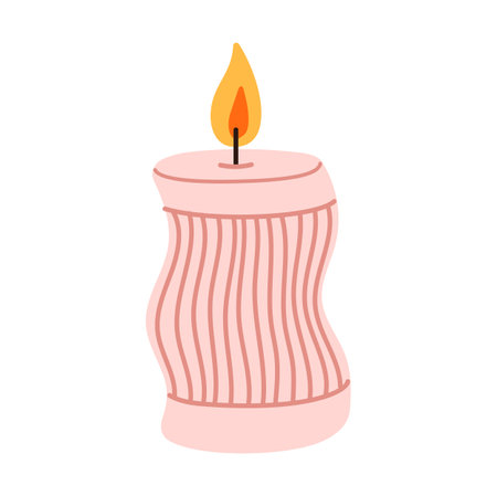 Aromatic bathroom pink wax candle with burning wick, spa aromatic relaxation accessory. Vector meditation or religion candle, bath decoration objectのイラスト素材
