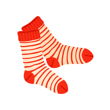 Cartoon striped woolen socks isolated warm fashion cloth stockings. Vector knitwear, handmade knitted socks, wool sock apparelのイラスト素材