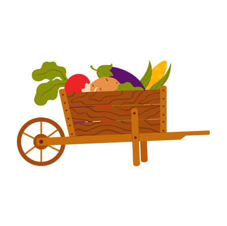 Cart with vegetables in fields, farmer market vector color icon design. Farm and gardening symbol, cartoon eggplant and corn, beetroot and eggplantのイラスト素材