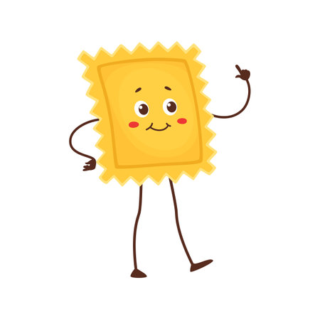 Ravioli or raviolo type of pasta with filling cartoon character. Vector enveloped pasta dough, traditional food in Italian cuisine. Ravioli cute personageのイラスト素材