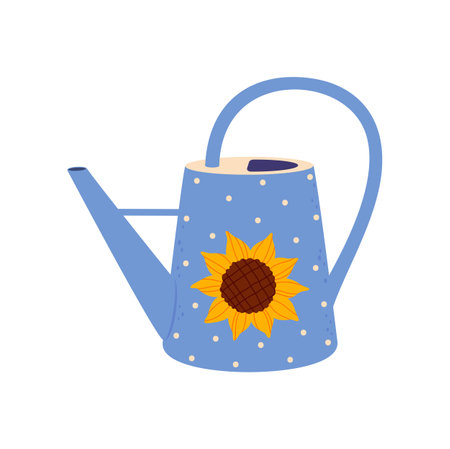Watering can with sunflower print, garden equipment. Vector watering-can, pouring plant object. Gardening tool to pour water, retro farming sprinklerのイラスト素材