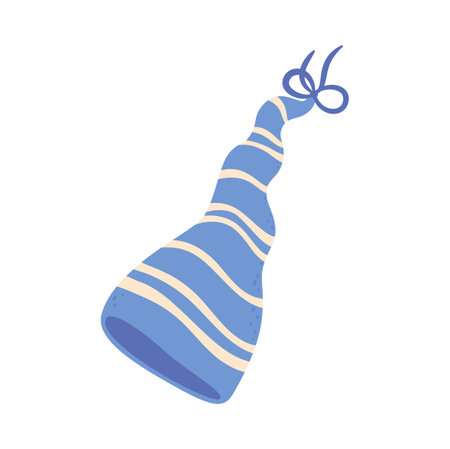 Hat of gnome or dwarf, isolated blue striped long cap, magic comic costume element. Vector night pajama headwear, troll cap, party festive accessoryのイラスト素材