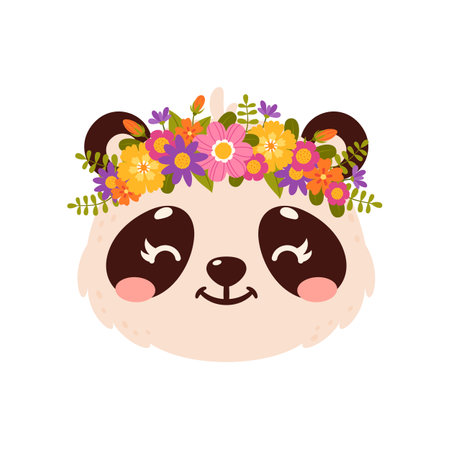 Panda cute animal with flower crown, cartoon face of funny happy bear character. Vector animal head wearing floral wreath, funny smiling wild panda bearのイラスト素材