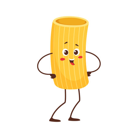 Rigatoni pasta, bucatini or perciatelli cartoon character, italian food cuisine cute personage. Vector linguine, ziti or zitoni pasta of durum wheat flourのイラスト素材