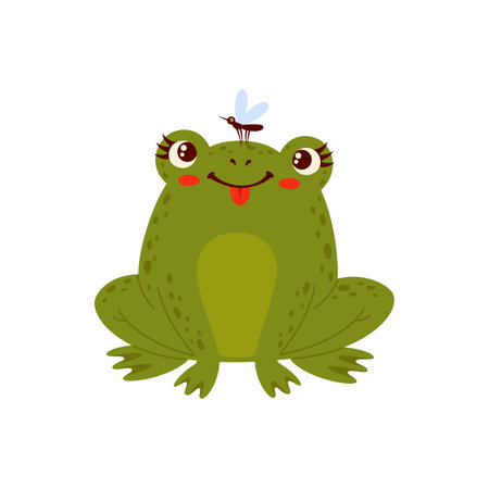 Cute cartoon animal green funny frog with insect bug on nose, vector amphibian toad. Funny isolated animal face muzzle, kawaii portrait baby frogのイラスト素材