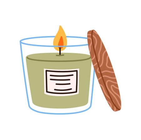 Cartoon burning aroma candle in a glass jar with lid isolated on white. Vector aromatherapy, relaxation aromatic spa and bathroom design elementのイラスト素材